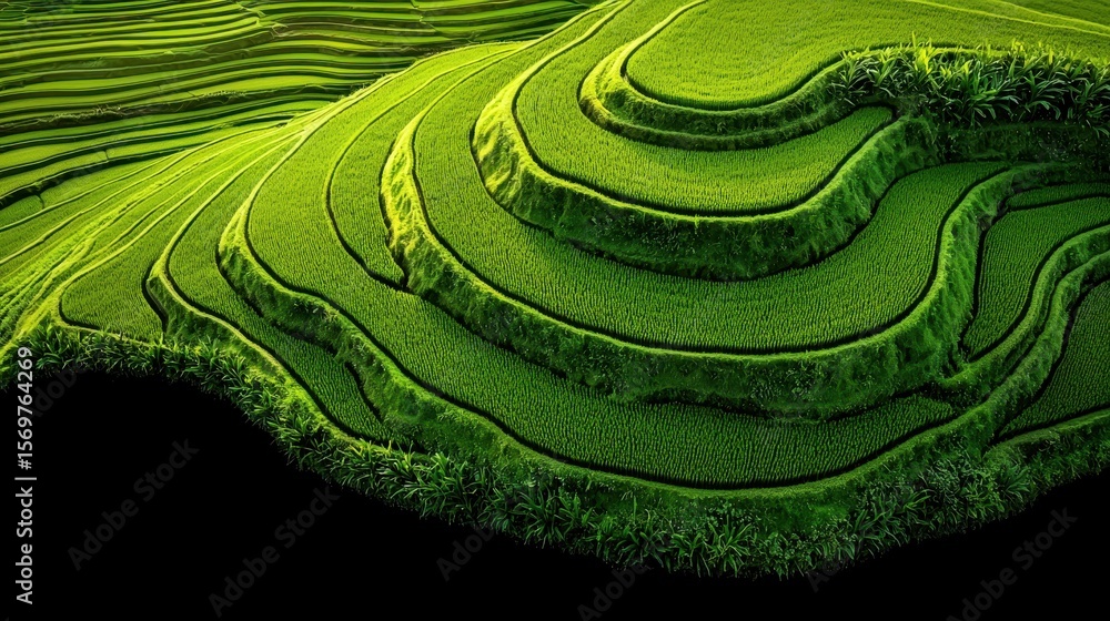 Fototapeta premium Aerial View of Lush Green Rice Terraces in Hilly Landscape