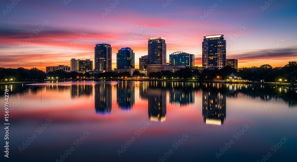 Naklejka premium Vibrant city skyline mirrored in tranquil waters at sunset, a picturesque blend of urban architecture and serene nature, captivating colors paint the evening sky.
