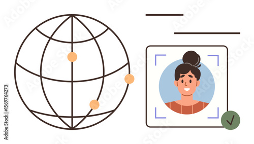 Abstract globe and user profile picture in scanning frame. Orange dots on globe representing connection points. Ideal for technology, security, networking, identity, global reach, data accuracy