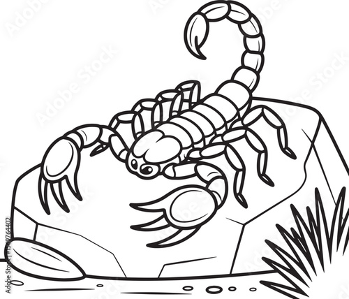 Black and white illustration of a scorpion on rocks and grass arachnid insect