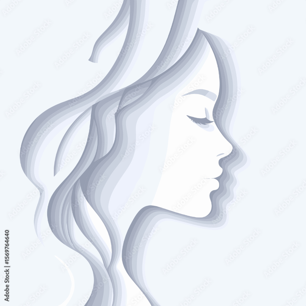 Abstract Paper Cut Silhouette of Woman's Profile in Light Blue Shades with Layered Waves and Minimalist Design Abstract Paper Cut Silhouette of Woman's Profile in Light Blue Shades with Layered Waves and Minimalist Design
