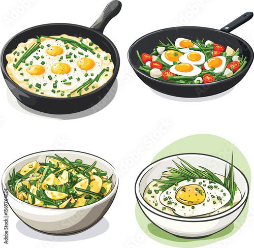 Garlic Chive And Egg Stir Fry Recipe cartoon vector style on white background