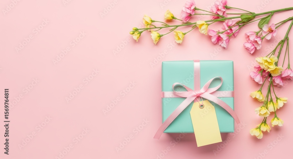 A gift box with pink ribbon and flowers on a pink background A gift box with pink ribbon and flowers on a pink background