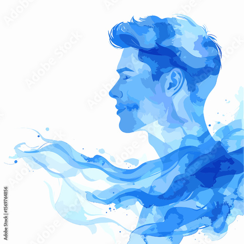 Abstract Water Element Design of a Young Man Profile in Blue Tones on White Background Artwork