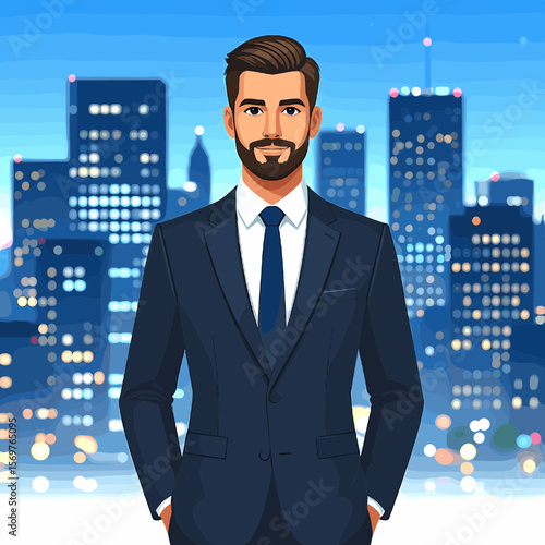 Bearded Businessman in Dark Blue Suit and White Tie Against Cityscape Background at Night