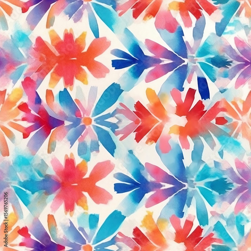 symmetric flower pattern, watercolor floral, abstract garden, red blue flowers, colorful texture, mirror design, digital seamless art, AI pattern, bright background