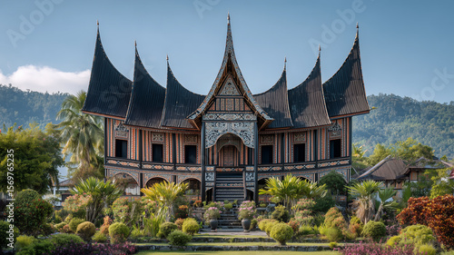Traditional Rumah Gadang House with Curved Buffalo Horn Roof in West Sumatra, Indonesia.generative ai