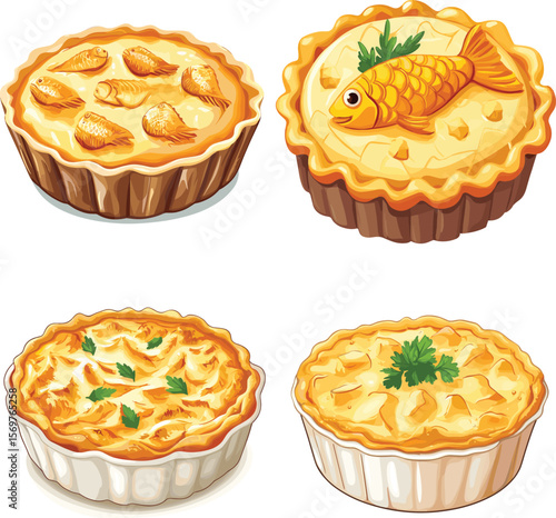 Golden Fish Pie Recipe Baked Pastry Crust cartoon vector style on white background
