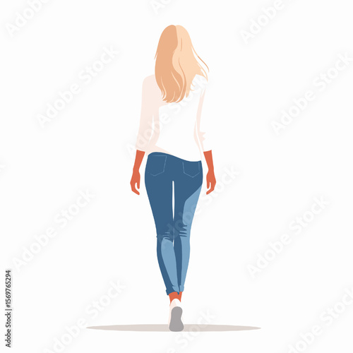 Blonde Woman Walking Away in Jeans and White Shirt Back View Isolated on White Fashion Style Vector Illustration