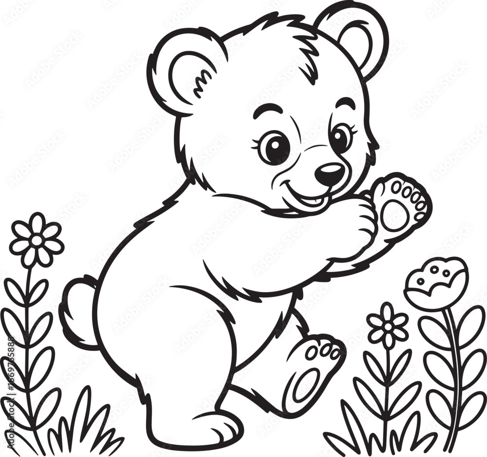 Fototapeta premium Cute bear cub playing among flowers animal wildlife