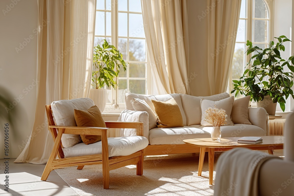 Obraz premium Cozy living room with neutral tones and natural light highlighting linen furnishings