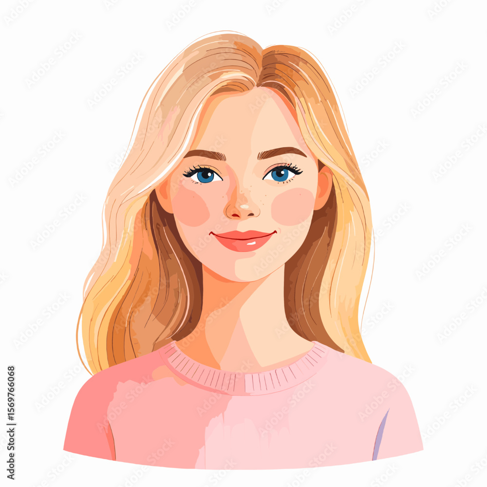 Charming Portrait of a Young Blonde Woman with Blue Eyes Smiling in a Pink Top with a White Isolated Background Charming Portrait of a Young Blonde Woman with Blue Eyes Smiling in a Pink Top with a White Isolated Background