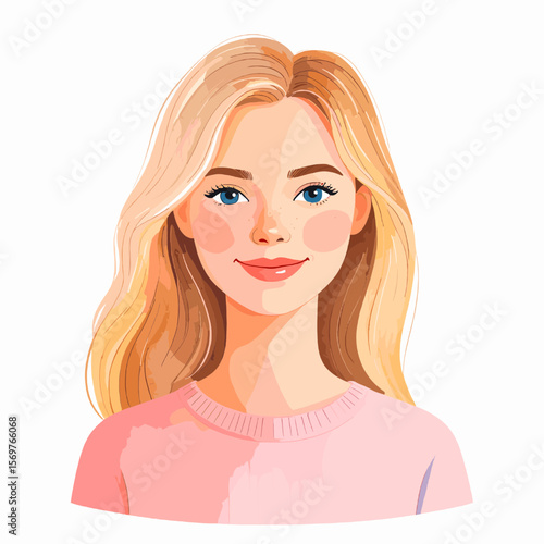 Charming Portrait of a Young Blonde Woman with Blue Eyes Smiling in a Pink Top with a White Isolated Background