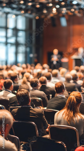 Audience seated in a conference hall with a speaker presenting at a business event   -