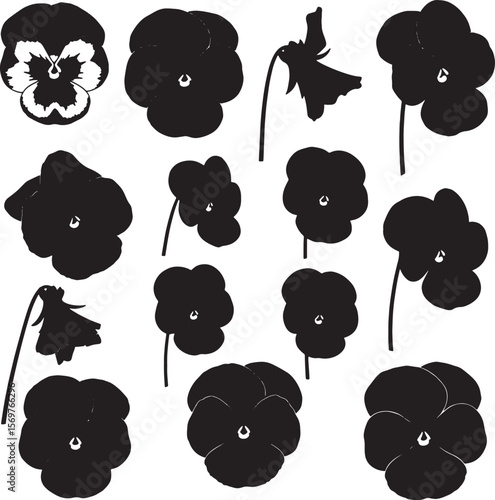 Collection of various black pansy flower silhouettes, showcasing different angles and forms, ideal for spring themes, floral designs, garden motifs, and decorative elements
