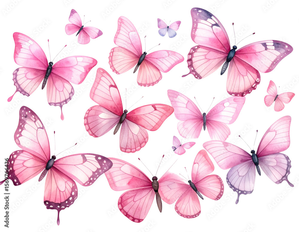 “Set of Soft Pink Watercolor Butterflies in Flight, isolated on a transparent background” “Set of Soft Pink Watercolor Butterflies in Flight, isolated on a transparent background”