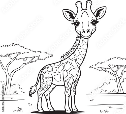 Cute cartoon giraffe standing in a savanna landscape trees bushes
