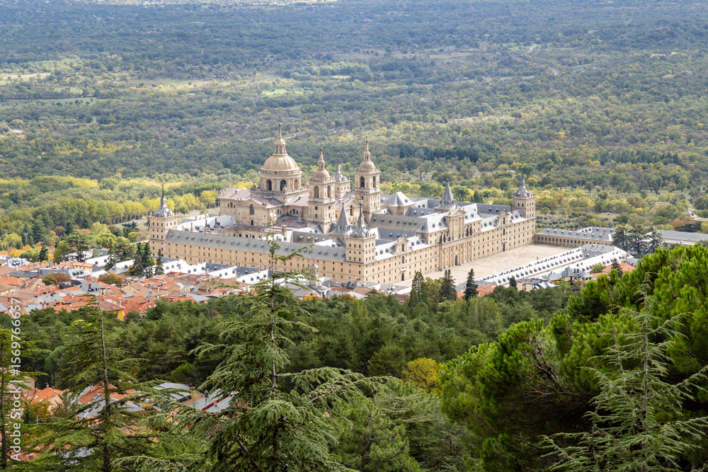 Naklejka premium Views of the El Escorial Monastery from a viewpoint on Mount Abantos