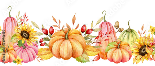 Seamless Fall Garland with Pumpkins, Sunflowers and Leaves. Fall Seamless Horizontal  Background. Autumn Watercolor Illustration. Fall Flower Design. Fall Botanical garland seamless. Border Frame