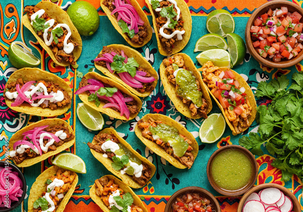 custom made wallpaper toronto digitalMini tacos with vibrant toppings and salsa, plated on festive tablecloth. Great for Mexican food promotions, street food visuals, or party menus.