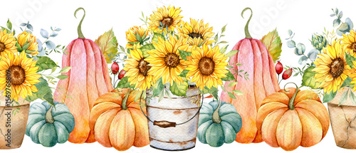 Seamless Fall Garland with Pumpkins, Sunflowers and Leaves. Fall Seamless Horizontal  Background. Autumn Watercolor Illustration. Fall Flower Design. Fall Botanical garland seamless. Border Frame