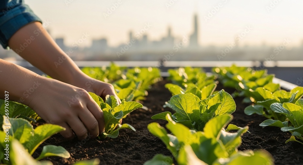 Obraz premium Urban Rooftop Garden: Hands Tending Young Bok Choy with Cityscape Backdrop
