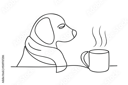Line art a dog with a scarf a steaming coffee mug on a animal canine