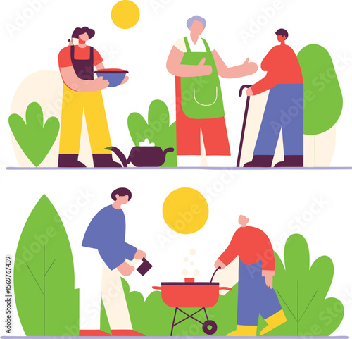 Flat Vector Illustration of Outdoor Cooking and Family Gathering