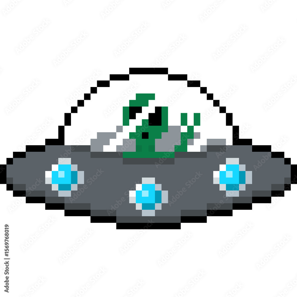 Obraz premium Pixel art flying saucer with alien inside glass dome. UFO with Alien pixel style
