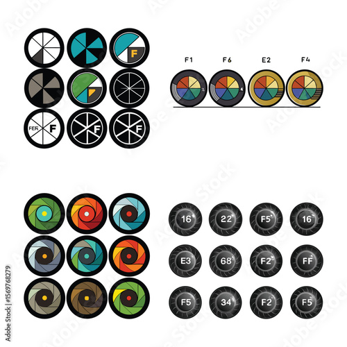Camera Lens Diaphragm Row – Aperture Icons with F-Stop Value Numbers