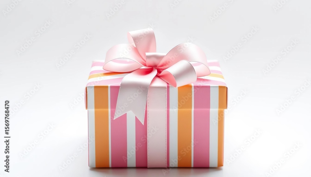 Fototapeta premium Pastel striped gift box with bow, white background, design, gift box packaging