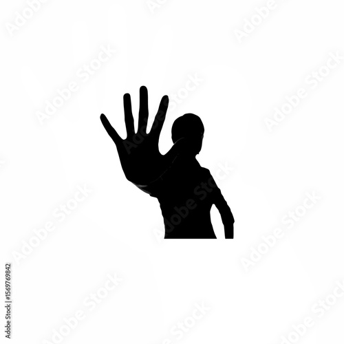 Silhouette of person gesturing with hand up to stop on white background