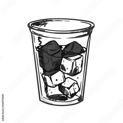 Ice cubes and black rocks in clear cup for drink illustration  