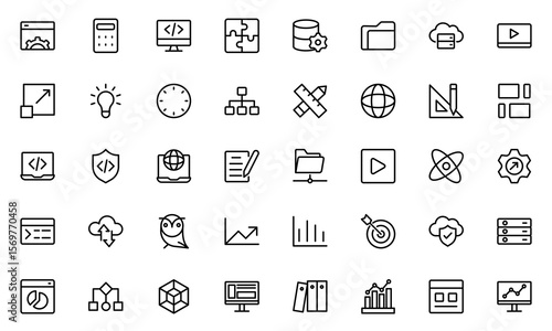 web development line icon set. Vector illustration included icons as mobile software, app UX prototyping, and data analytics pictogram for web startup launch. Green Color,