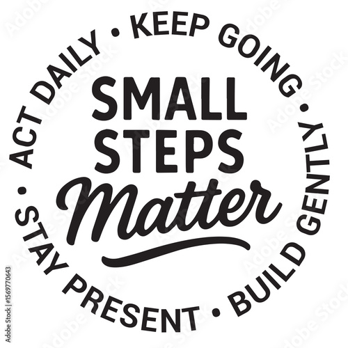Small steps matter, act daily, keep going, build gently, stay present, inspirational design quote, motivational quotes, typography illustration lettering quotes