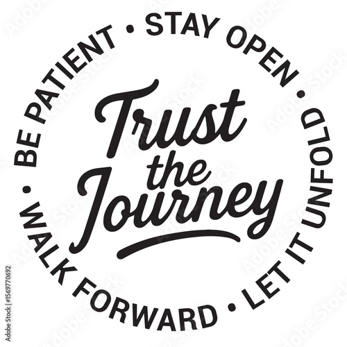 Trust the journey, be patient, stay open, let it unfold, walk forward, inspirational design quote, motivational quotes, typography illustration lettering quotes