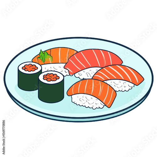 Sushi Platter Illustration Featuring Salmon Nigiri and Maki Rolls on Pale Blue Plate