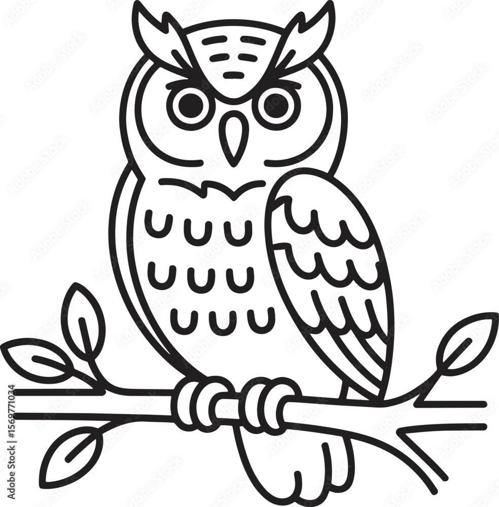 Fototapeta premium Stylized owl perched on a branch with leaves bird nature