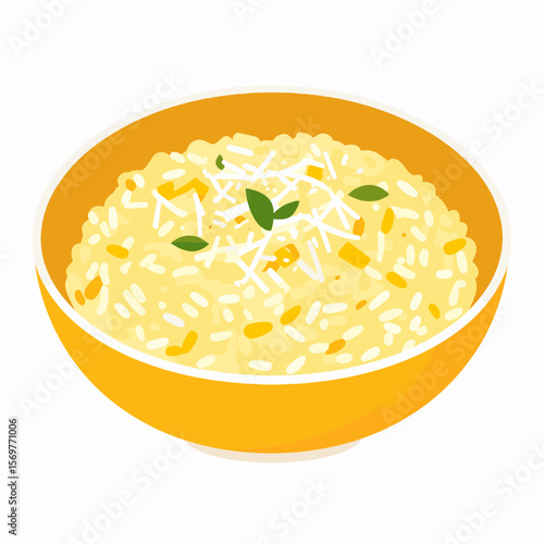 Top View of Delicious Risotto in Yellow Bowl with Parmesan Cheese and Basil Garnishes Isolated on White Background