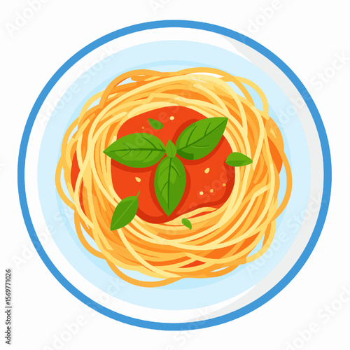 Top Down View of Spaghetti with Tomato Sauce and Basil on White Plate with Blue Rim
