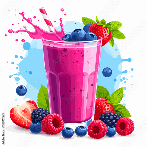 Vibrant Berry Smoothie with Strawberries Blueberries and Raspberries Splash Isolated on White Background Healthy Drink
