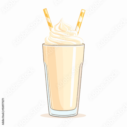 Vanilla Milkshake with Striped Straws in Clear Glass Pixel Art Style Isolated on White Background