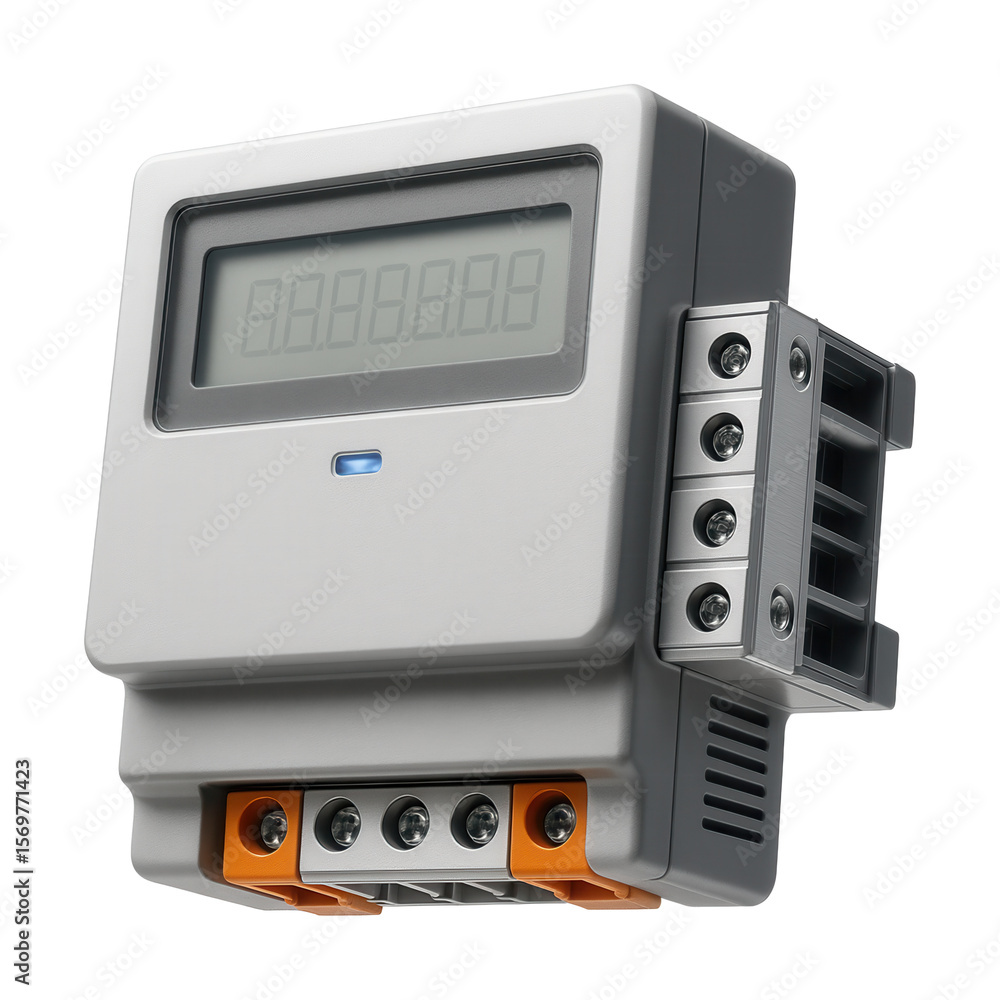 Fototapeta premium Three-phase electricity meter with modular design for easy replacement in a residential apartment complex.