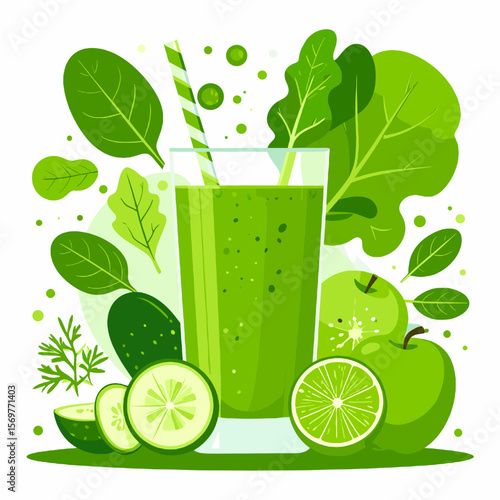 Vibrant Green Smoothie with Fresh Vegetables and Fruits in a Glass With Straw Against White Background