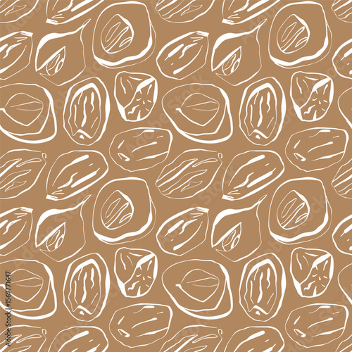Seamless nutmeg spice pattern in line art style on beige background for organic packaging and branding