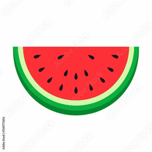 Vibrant Pixel Art of a Watermelon Slice with Red Pulp and Black Seeds on White Background