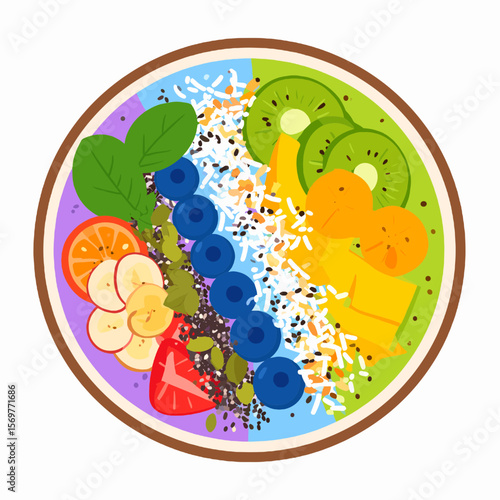 Vibrant Smoothie Bowl with Fresh Fruits and Superfoods Topped with Coconut Flakes on a White Background for Healthy Eating and Lifestyle