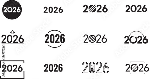 A comprehensive set of "2026" year designs and icons, presented in various minimalist and stylized black and white formats, ideal for calendars, events, and future planning themes
