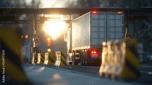 Cargo truck waiting at border checkpoint with barriers and warning signs