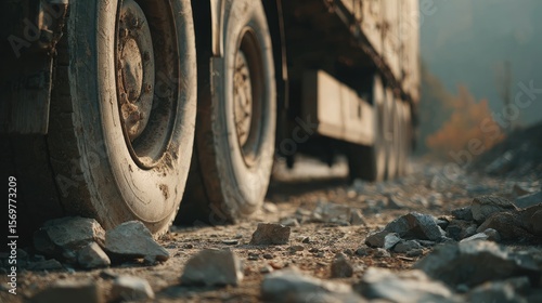 Close-up of cargo truck wheels and mudflaps on dirt road with scattered gravel